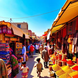 A vibrant bazaar scene filled with colorful stalls selling spices, fabrics, and handmade crafts