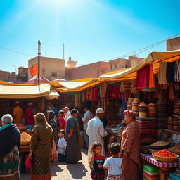 A vibrant bazaar scene filled with colorful stalls selling spices, fabrics, and handmade crafts
