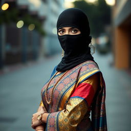 A striking woman wearing a traditional saree, styled beautifully with intricate patterns and vibrant colors