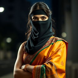 A striking woman wearing a traditional saree, styled beautifully with intricate patterns and vibrant colors