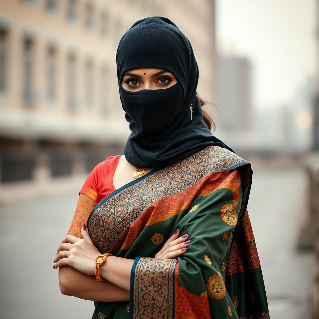 A striking woman wearing a traditional saree, styled beautifully with intricate patterns and vibrant colors