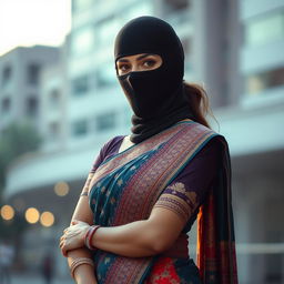 A striking woman wearing a traditional saree, styled beautifully with intricate patterns and vibrant colors