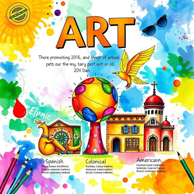 Create a vibrant poster that showcases the promotion of various forms of art through different historical periods: ethnic tradition, Spanish colonial tradition, the American colonial period, and contemporary tradition