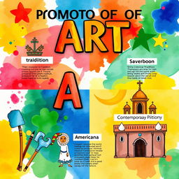 Create a vibrant poster that showcases the promotion of various forms of art through different historical periods: ethnic tradition, Spanish colonial tradition, the American colonial period, and contemporary tradition