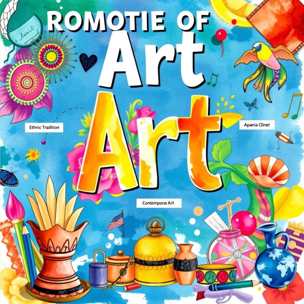 Create a vibrant poster that showcases the promotion of various forms of art through different historical periods: ethnic tradition, Spanish colonial tradition, the American colonial period, and contemporary tradition