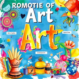 Create a vibrant poster that showcases the promotion of various forms of art through different historical periods: ethnic tradition, Spanish colonial tradition, the American colonial period, and contemporary tradition