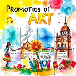 Create a vibrant poster that showcases the promotion of various forms of art through different historical periods: ethnic tradition, Spanish colonial tradition, the American colonial period, and contemporary tradition
