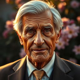 A stunning depiction of an elderly man with a weathered face, silver hair, and deep-set wise eyes that tell stories of a lifetime