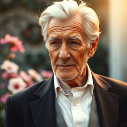 A stunning depiction of an elderly man with a weathered face, silver hair, and deep-set wise eyes that tell stories of a lifetime