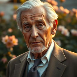 A stunning depiction of an elderly man with a weathered face, silver hair, and deep-set wise eyes that tell stories of a lifetime