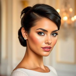 A stylish close-up portrait of a woman with neatly styled hair, showcasing a sleek and polished hairstyle