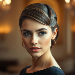 A stylish close-up portrait of a woman with neatly styled hair, showcasing a sleek and polished hairstyle