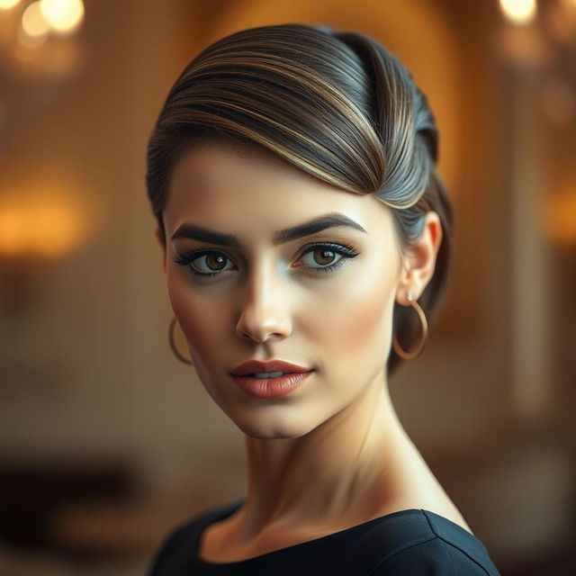 A stylish close-up portrait of a woman with neatly styled hair, showcasing a sleek and polished hairstyle