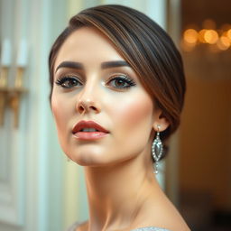 A stylish close-up portrait of a woman with neatly styled hair, showcasing a sleek and polished hairstyle