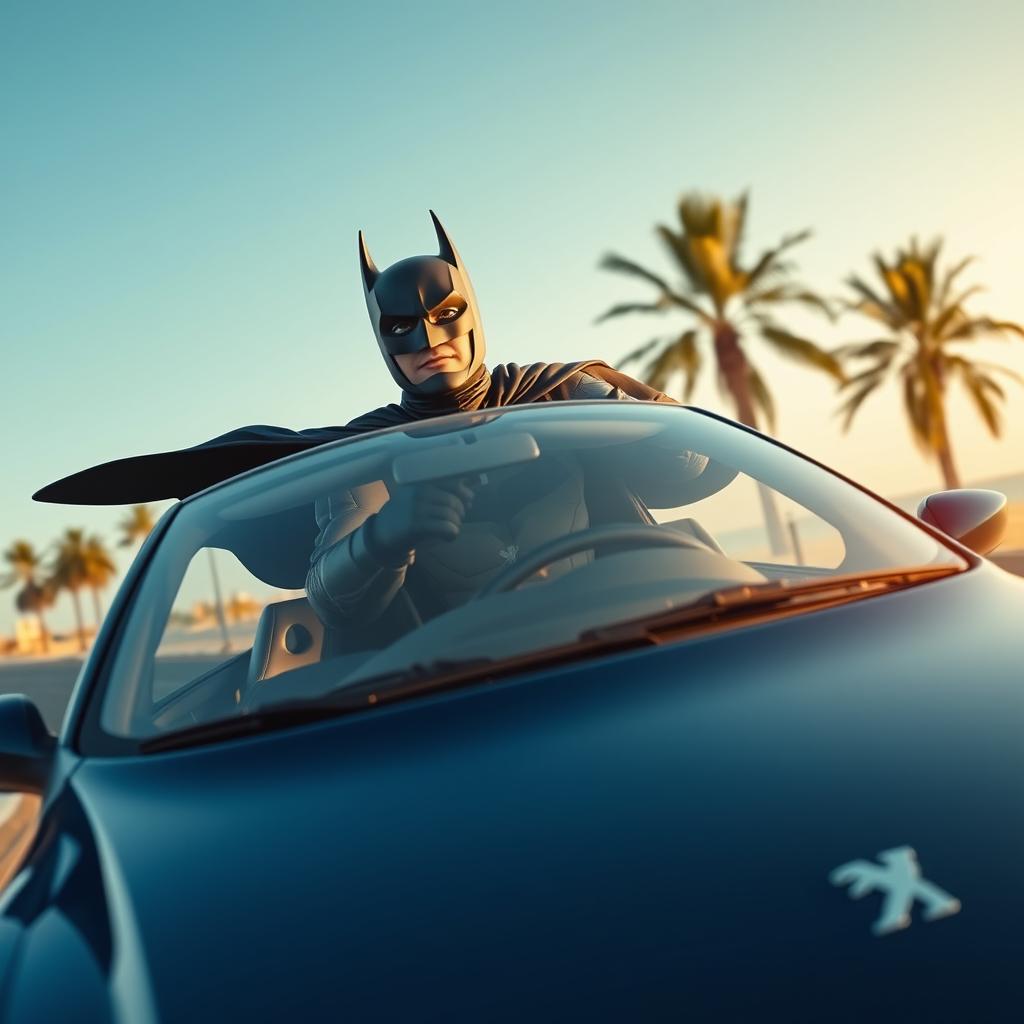 A dynamic scene depicting a Batman-like character, confidently driving a sleek, shiny Peugeot 206 through the coastal streets of Bushehr, Iran