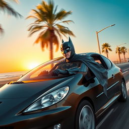 A dynamic scene depicting a Batman-like character, confidently driving a sleek, shiny Peugeot 206 through the coastal streets of Bushehr, Iran