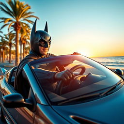 A dynamic scene depicting a Batman-like character, confidently driving a sleek, shiny Peugeot 206 through the coastal streets of Bushehr, Iran