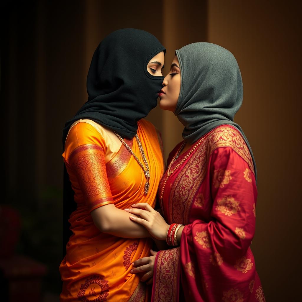 A captivating scene featuring two alluring women dressed in traditional saris, with intricate patterns and vibrant colors
