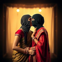 A captivating scene featuring two alluring women dressed in traditional saris, with intricate patterns and vibrant colors