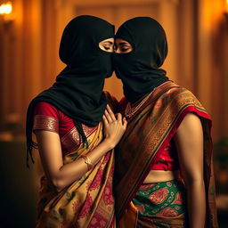 A captivating scene featuring two alluring women dressed in traditional saris, with intricate patterns and vibrant colors