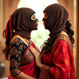 A captivating scene featuring two alluring women dressed in traditional saris, with intricate patterns and vibrant colors