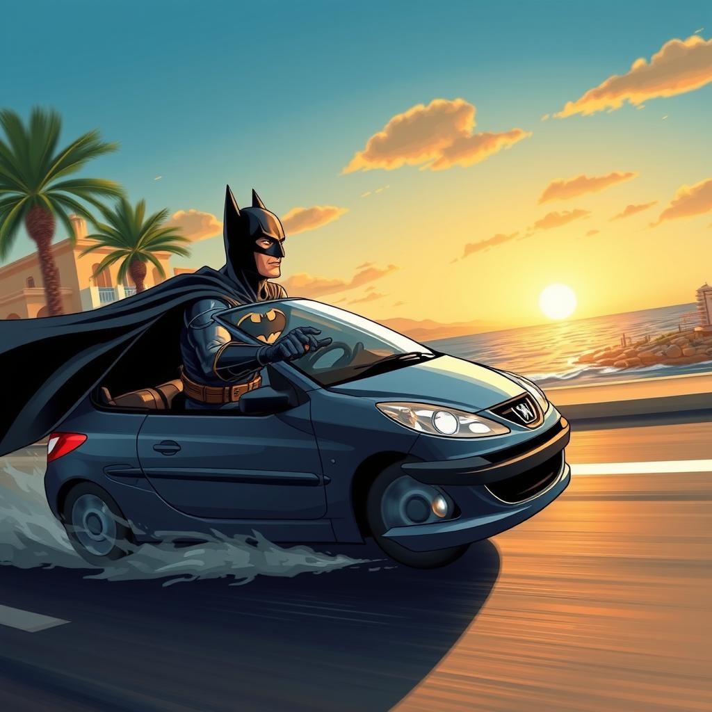 A captivating illustration of a Batman-like hero driving a fast Peugeot 206 through the coastal city of Bushehr, Iran