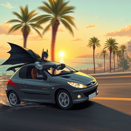 A captivating illustration of a Batman-like hero driving a fast Peugeot 206 through the coastal city of Bushehr, Iran