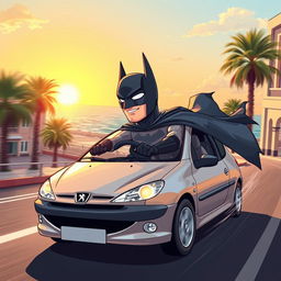 A captivating illustration of a Batman-like hero driving a fast Peugeot 206 through the coastal city of Bushehr, Iran