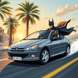 A captivating illustration of a Batman-like hero driving a fast Peugeot 206 through the coastal city of Bushehr, Iran