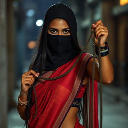 A striking image of a hot woman wearing a traditional sari, characterized by rich colors and intricate patterns, while also sporting a sleek ninja balaclava mask that partially conceals her face