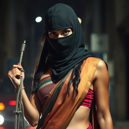 A striking image of a hot woman wearing a traditional sari, characterized by rich colors and intricate patterns, while also sporting a sleek ninja balaclava mask that partially conceals her face