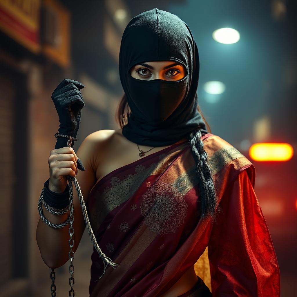 A striking image of a hot woman wearing a traditional sari, characterized by rich colors and intricate patterns, while also sporting a sleek ninja balaclava mask that partially conceals her face