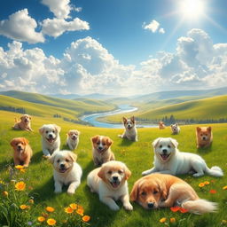 A serene and idyllic heavenly landscape filled with fluffy, happy dogs of various breeds playing joyfully among fluffy clouds and radiant sunlight