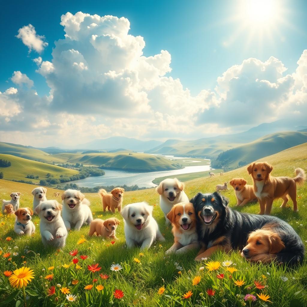 A serene and idyllic heavenly landscape filled with fluffy, happy dogs of various breeds playing joyfully among fluffy clouds and radiant sunlight
