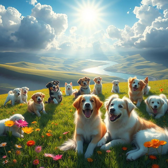 A serene and idyllic heavenly landscape filled with fluffy, happy dogs of various breeds playing joyfully among fluffy clouds and radiant sunlight