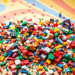 A colorful and artistic representation of various types of LEGO blocks scattered across a bright and playful background, showcasing intricate designs and vibrant colors