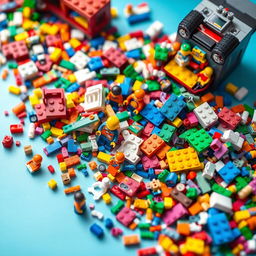 A colorful and artistic representation of various types of LEGO blocks scattered across a bright and playful background, showcasing intricate designs and vibrant colors
