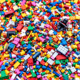 A colorful and artistic representation of various types of LEGO blocks scattered across a bright and playful background, showcasing intricate designs and vibrant colors