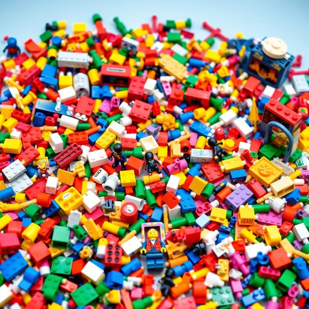A colorful and artistic representation of various types of LEGO blocks scattered across a bright and playful background, showcasing intricate designs and vibrant colors