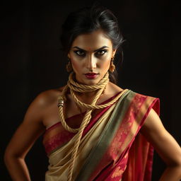 A dramatic image of a hot woman dressed in an exquisite traditional sari, adorned with intricate designs and vibrant colors
