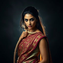 A dramatic image of a hot woman dressed in an exquisite traditional sari, adorned with intricate designs and vibrant colors