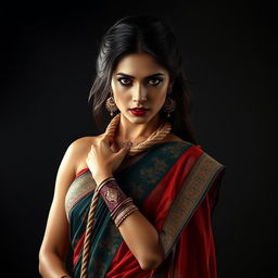 A dramatic image of a hot woman dressed in an exquisite traditional sari, adorned with intricate designs and vibrant colors