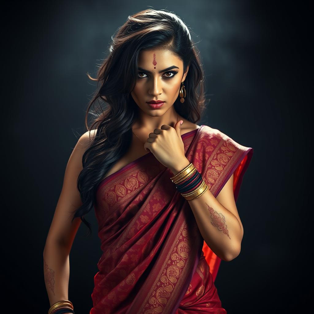 A dramatic image of a hot woman dressed in an exquisite traditional sari, adorned with intricate designs and vibrant colors