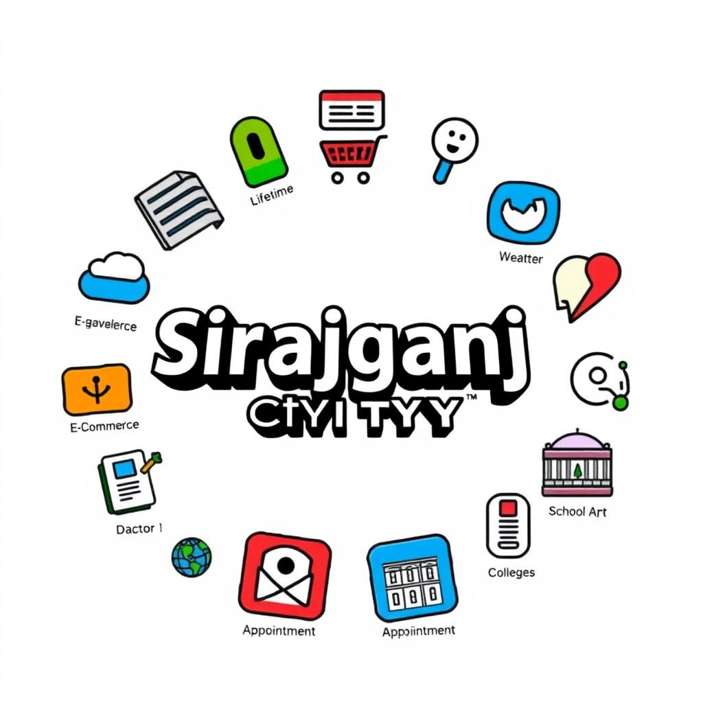 A logo design for the 'Sirajganj City' app, featuring the text 'Sirajganj City' prominently displayed in the center in a bold 3D style