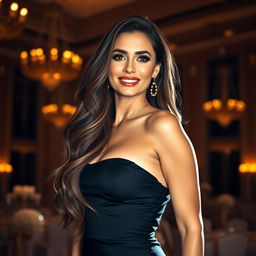 A stunning photo of a glamorous woman with long flowing hair wearing a form-fitting, elegant evening gown that accentuates her curves