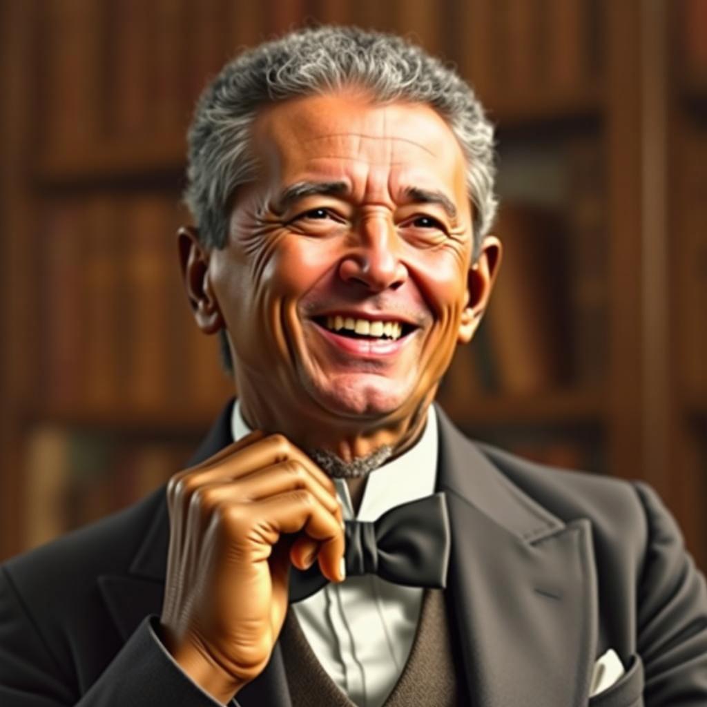 A dignified older gentleman in a formal setting, wearing a classic tuxedo with a bow tie