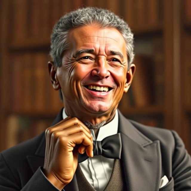 A dignified older gentleman in a formal setting, wearing a classic tuxedo with a bow tie