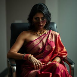 An intriguing image of a hot Indian woman wearing a beautiful, intricately designed sari with vibrant colors