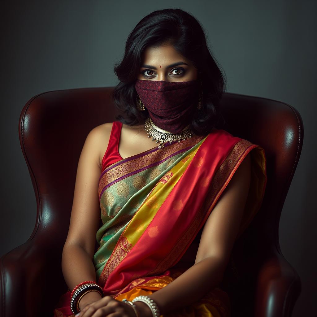 An intriguing image of a hot Indian woman wearing a beautiful, intricately designed sari with vibrant colors