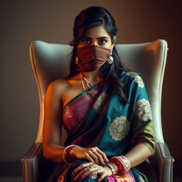 An intriguing image of a hot Indian woman wearing a beautiful, intricately designed sari with vibrant colors